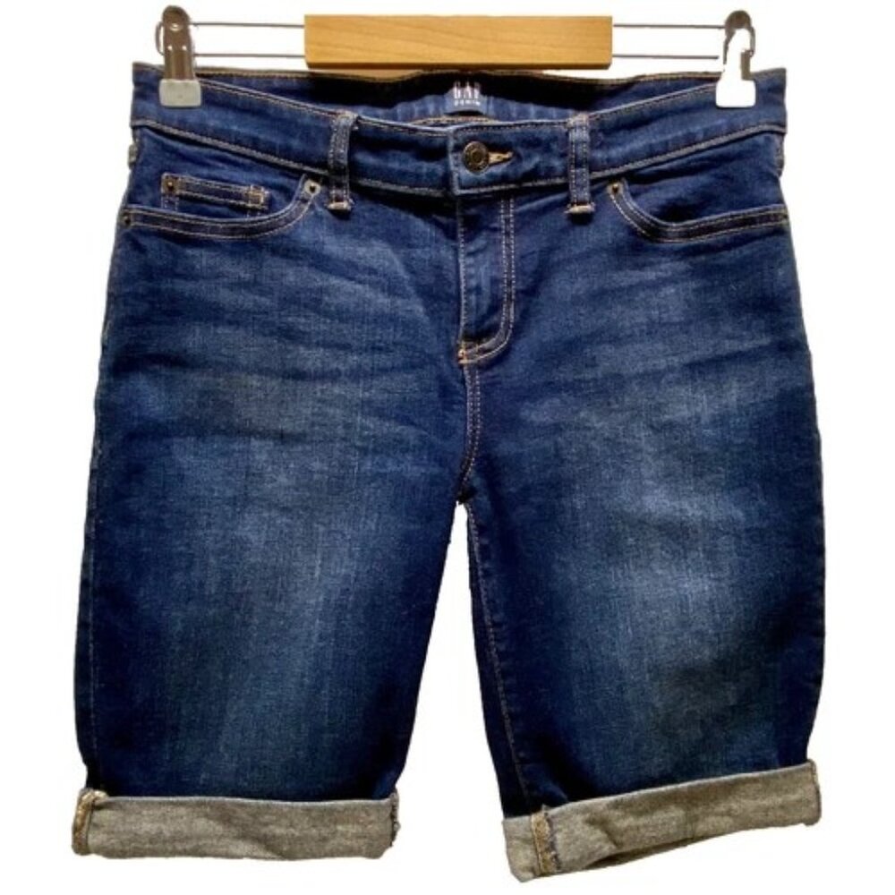 Gap 9" Bermuda Shorts Women's 0/25 Dark Indigo Cuffed GAP Jean Stretch Denim EUC